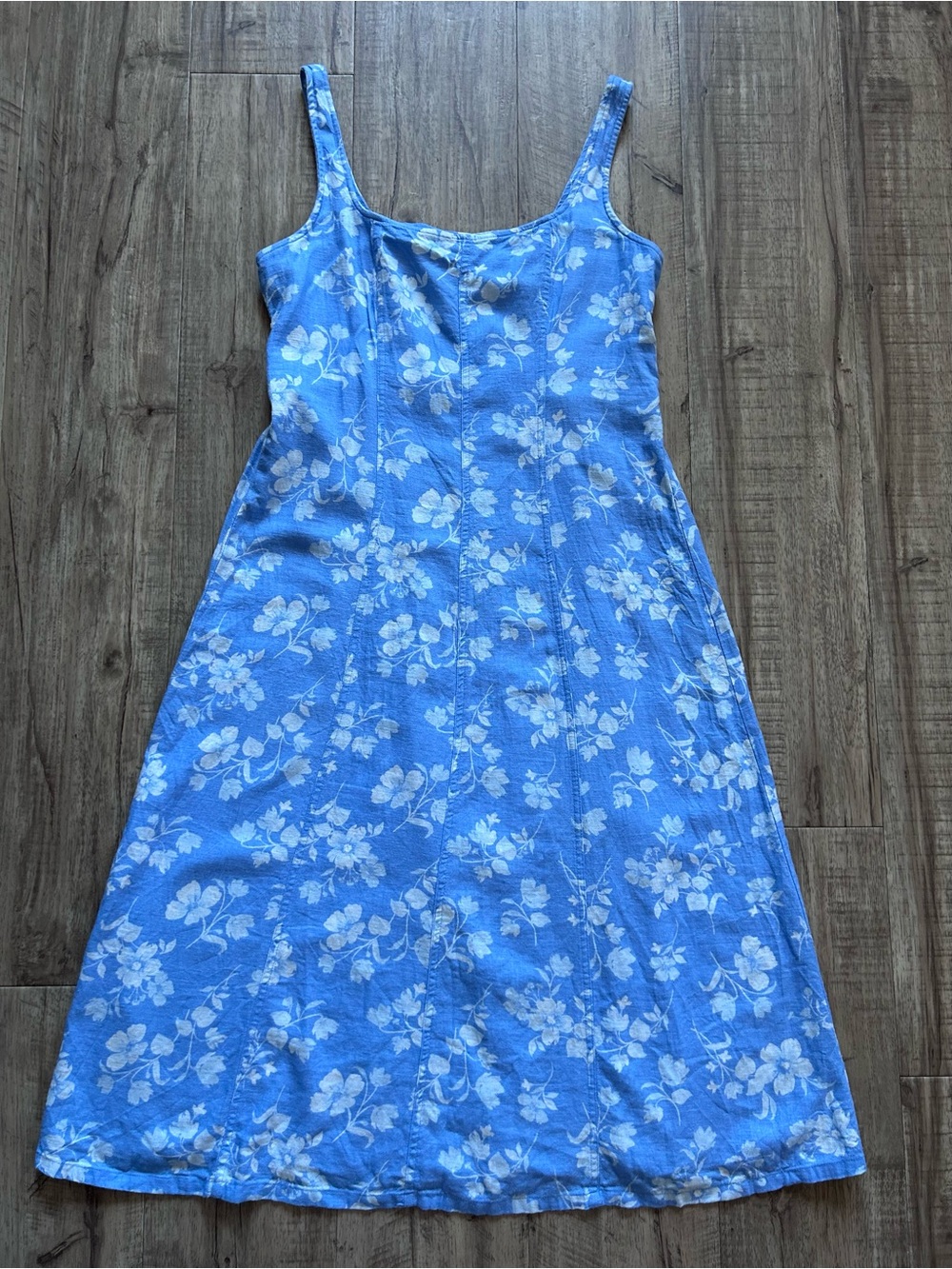 Linen blend Fit & Flare Sleeveless Midi Dress periwinkle blue floral